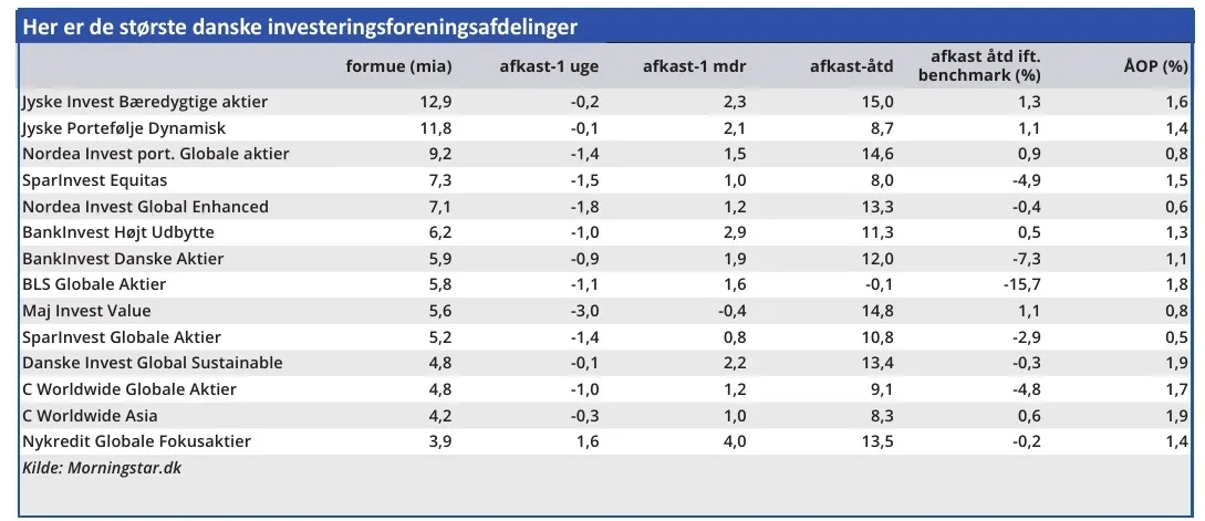 Her er de største investeringsforeningsafdelinger