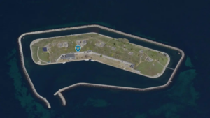 Flakfortet set fra luften. Foto_ Klimadatastyrelsen / Screendump