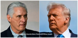 Cubas præsident Miguel Díaz-Canel (tv.) under BRICS-topmødet i Rio de Janeiro i juli 2025 og USA’s præsident Donald Trump (th.) om bord på Air Force One i Tokyo i oktober 2025.